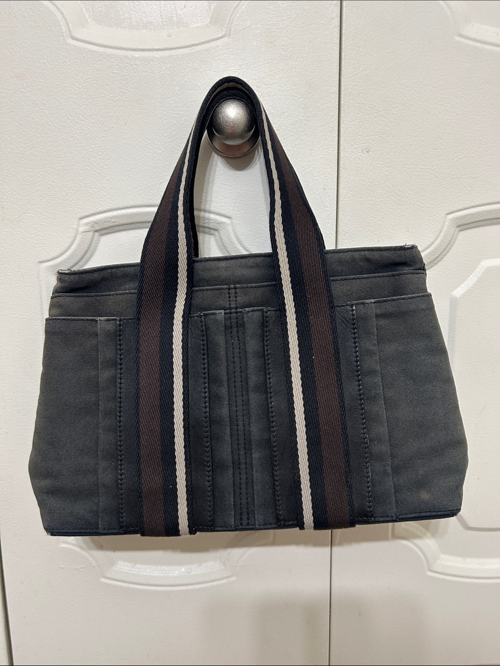 Hermes Black Canvas Messenger Tote with Brown Striped Handles